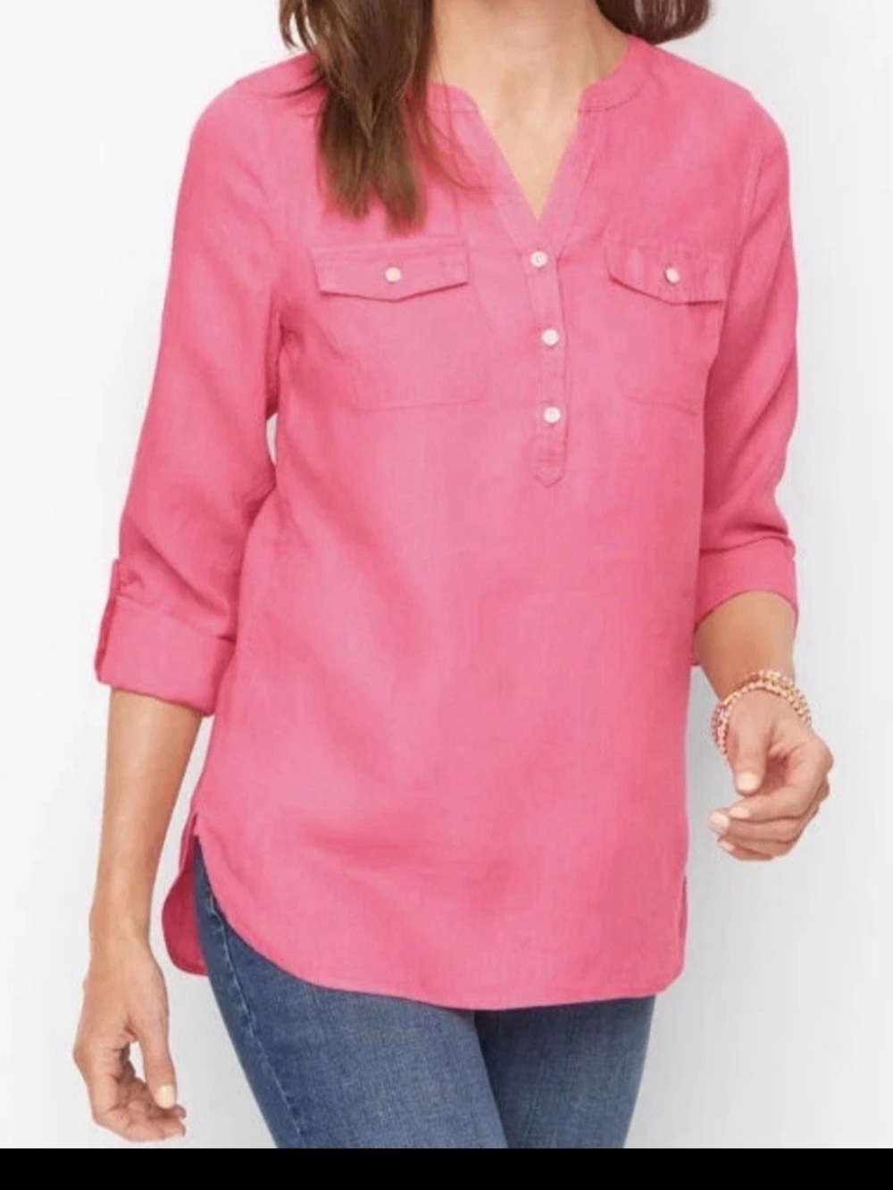 Talbots Women's Large Pink Linen Collar Popover Top Blouse